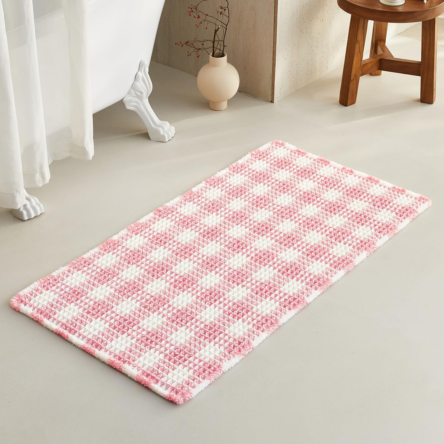 TYUU Waffle Bath Mat, Boho Bathroom Rugs Non Slip Washable Absorbent Checkered Bathroom Mat Quick Dry Cute Bath Mat, 48"x24" Pink and White