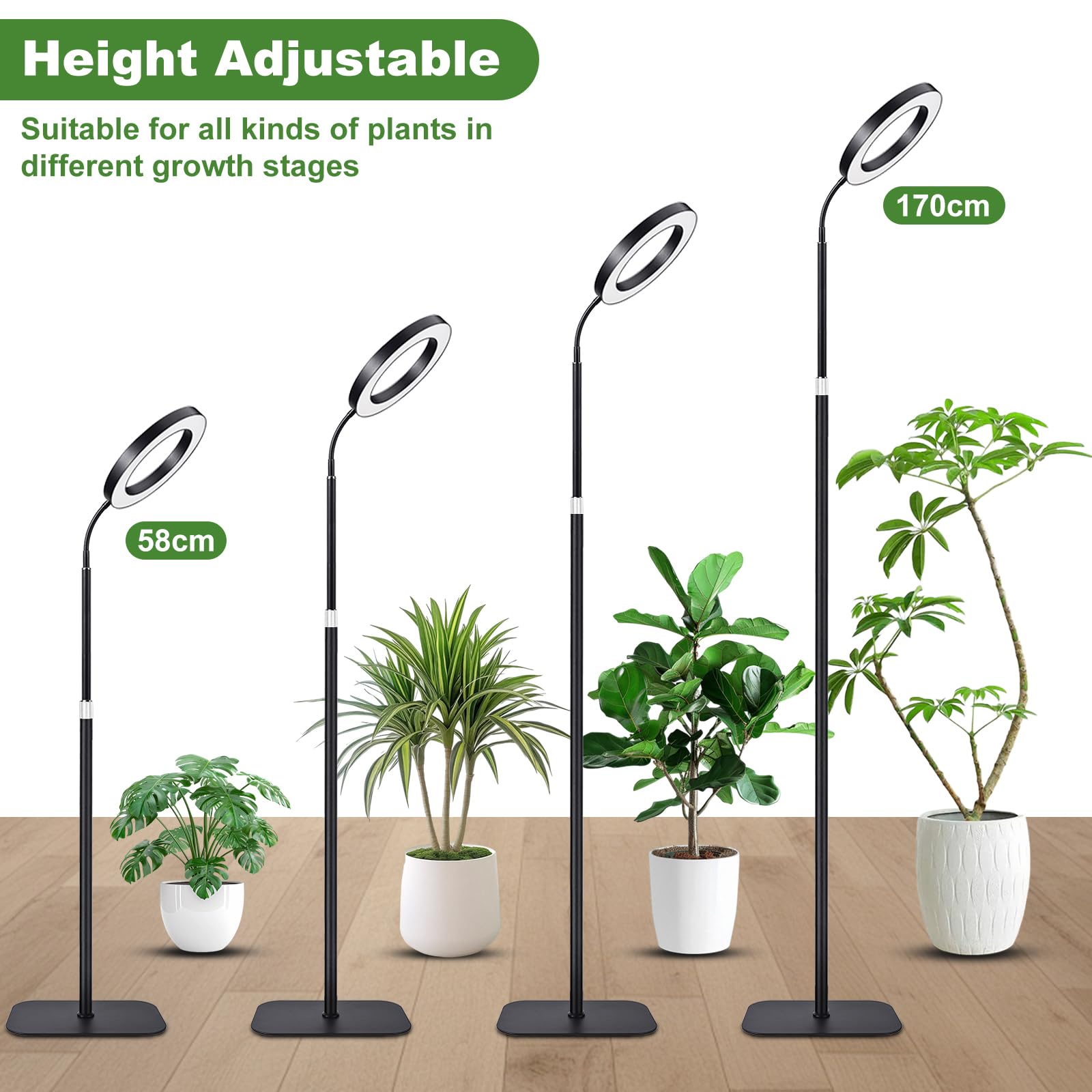 Neueste Pflanzenlampe, 96 LEDs Vollspektrum Pflanzenlich mit Standfuß, 3 Farben Grow Light mit 3/9/12H Auto-Timer & 360° flexibler Schlauch, 58-170 cm Höhenverstellbar für Zimmerpflanzen