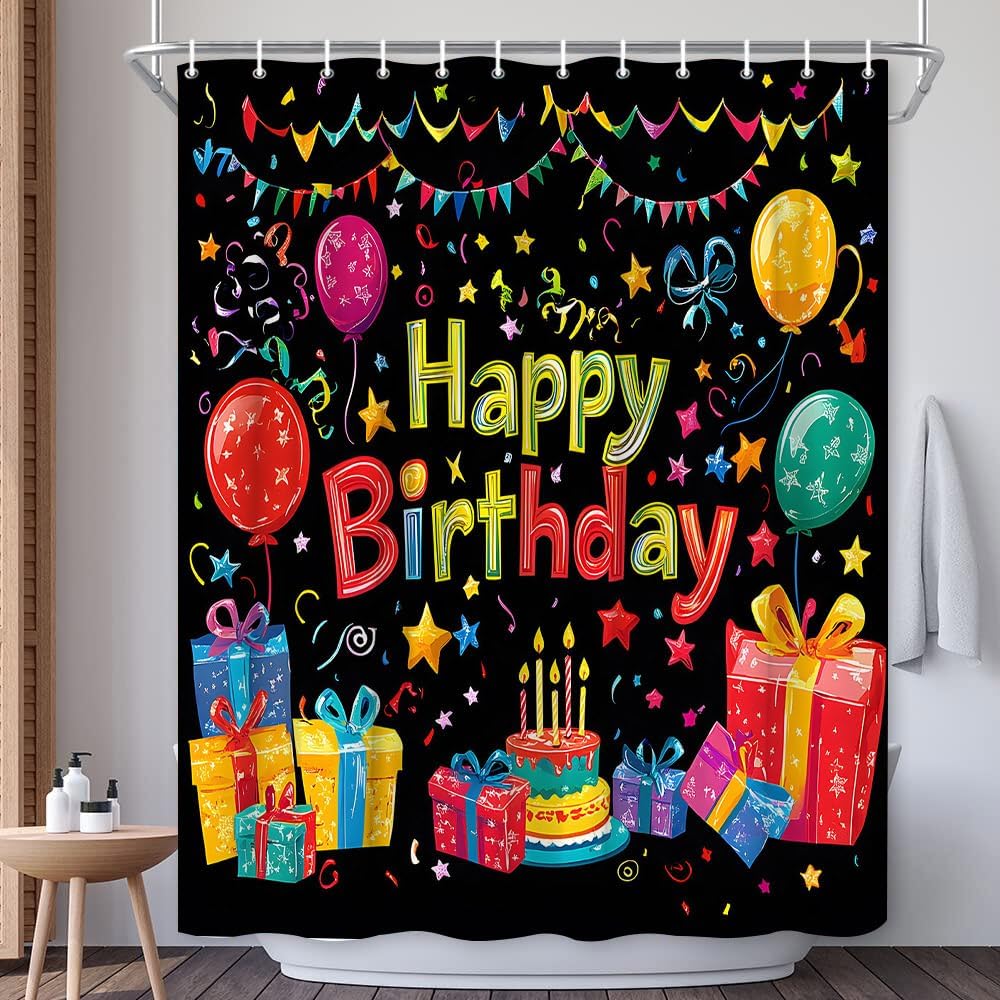 Happy Birthday Shower Curtain Festival Celebration Balloon Cake Ribbon Bow Black Bath Decor Polyester Fabric Curtains 106X70 Inch