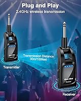 Vista 2 de Sistema de guitarra inalámbrica de 2.4 GHz con 6 canales de audio recargable, transmisor inalámbrico de guitarra receptor para instrumentos
