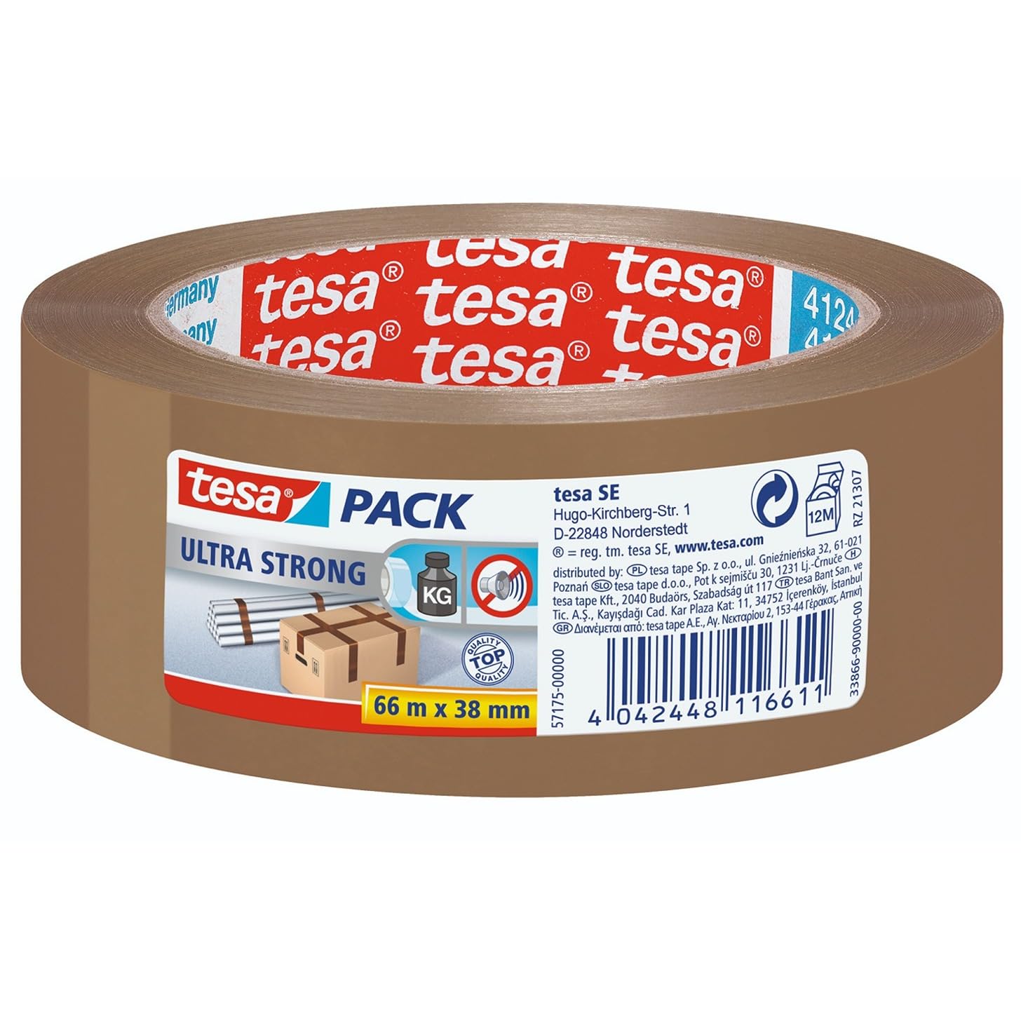tesapack Ultra Strong - PVC Packing Tape for Solid Packaging and Secure Bundling - Brown - 66 m x 38 mm