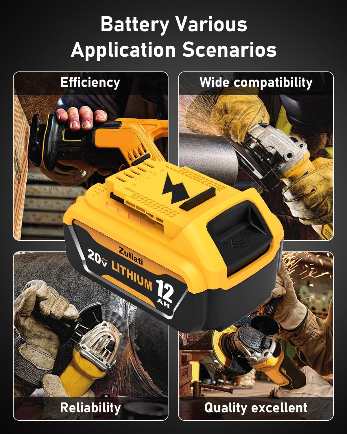 DCB206 12000mAh Replacement for Dewalt 20V Battery and DCB104 Charger,DCB206-2 DCB203 DCB201 DCB204 Compatible with Dewalt 20 Volt Battery DCD985B Power Tools with LED Indicator(Yellow-DCB104) - Image 7