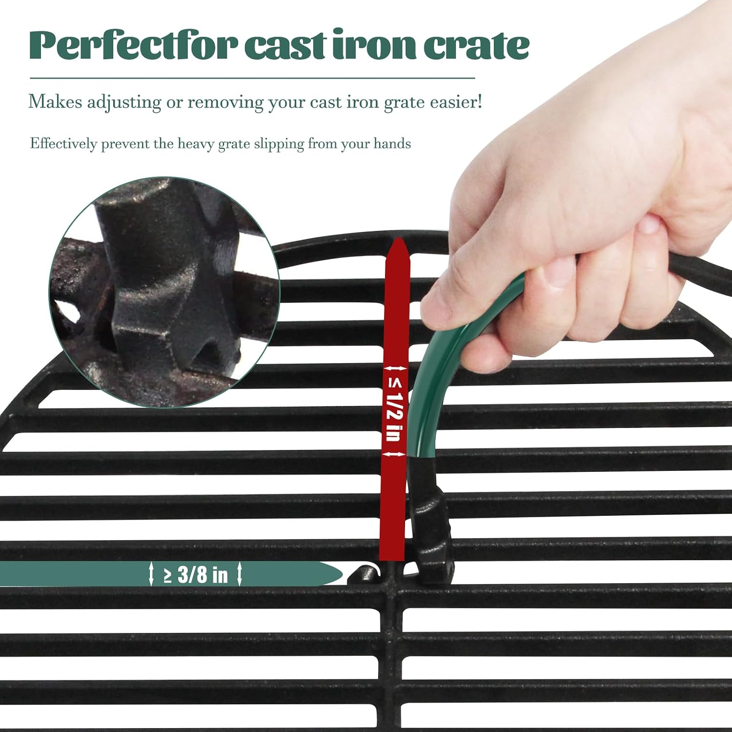 Cast Iron Grill Grate Lifter Compatible with Big Green Egg,Primo Vision Louisiana Grills Kamado Grill Accessories Grate Lifters with Green Protective Cover for Moving Hot Grate