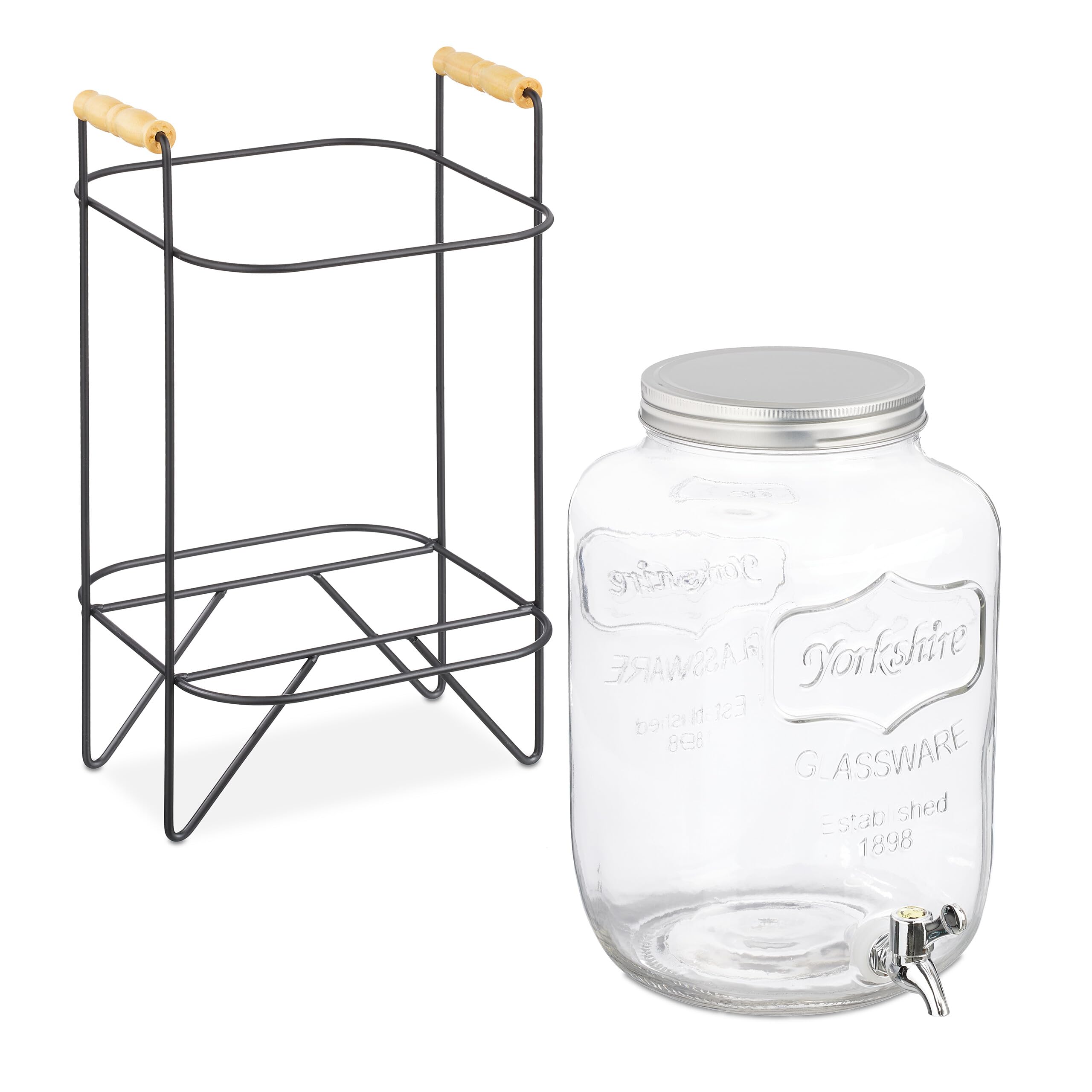 Relaxdays Dispensador Bebidas con Soporte, Recipiente Limonada 8 L, Grifo de Hierro y Tapa, Cristal, Transparente/Negro