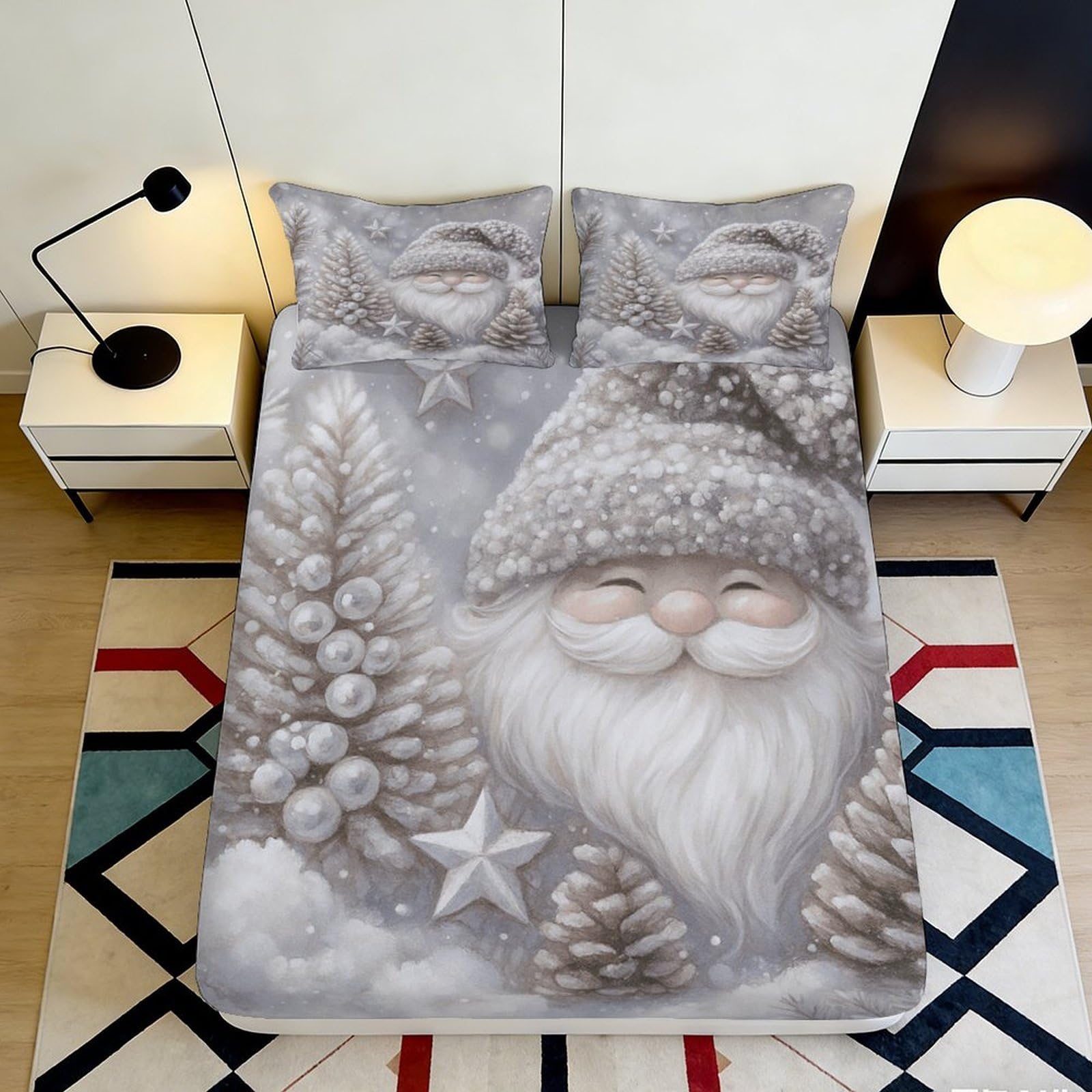 3D Printed Christmas Santa Fitted Sheet Microfiber Grey Pinecone Mattress Cover for Bedroom Guest Room Decor 90x200x25cm