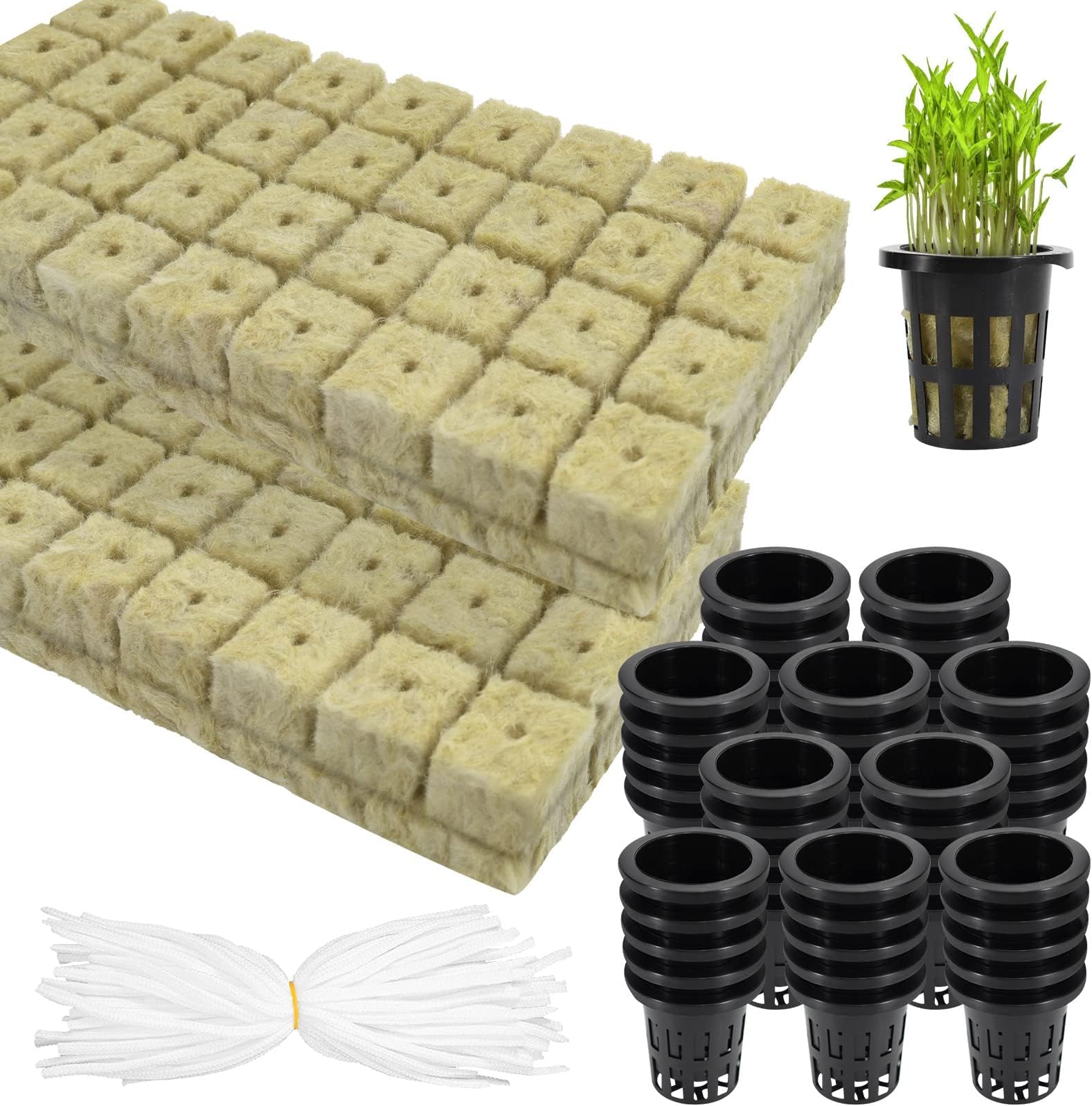 NALACAL Rockwool Cubes for Hydroponics with Net Pots, 1in Rock Wool Planting Cubes 72 Plugs & 1.5 inch 50 Net Cups, Plant Nursery Net Cups for Hydroponics, Self Watering Cotton Wick Cord
