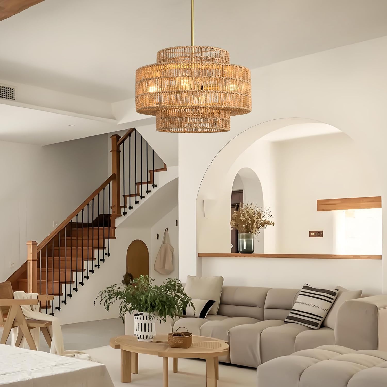 17.7”Boho Rattan Chandelier for Dining Room, 4-Light Hand Woven Pendant Light Fixture Farmhouse Rustic Ceiling Hanging for Kitchen Island Bedroom Living Room Nursery Foyer