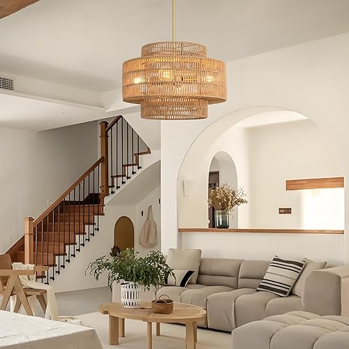 Miniatura 6 de Lámpara de araña bohemia de ratán de 17.7 pulgadas para comedor, 4 luces tejidas a mano, lámpara colgante rústica para colgar en el techo para