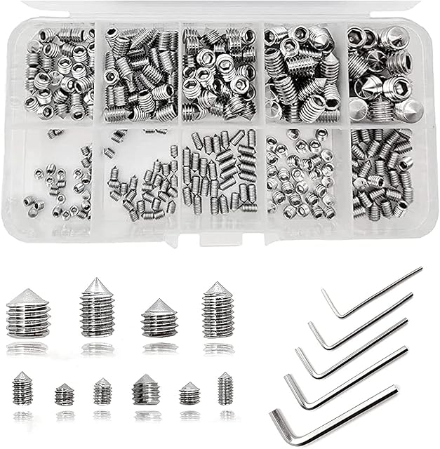 290 Pcs Cone Point Grub Screws Mixed, Assorted Stainless Steel Metric Threads Socket Screws, M3 M4 M5 M6 M8 Screws Assortment with 5 Pcs Socket Allen Key