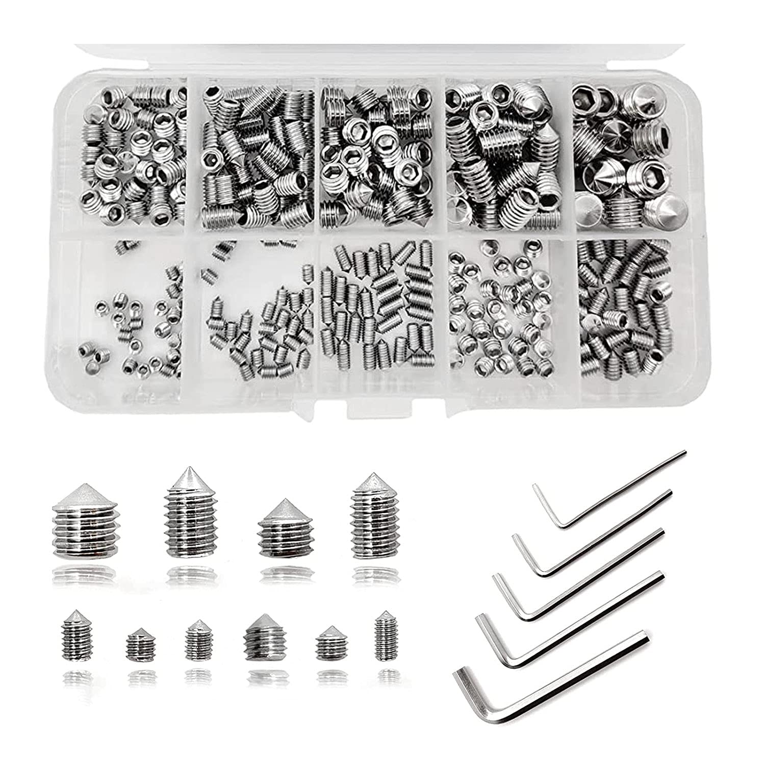 "Assorted Cone Point Grub Screws - Stainless Steel Metric Thread Socket Screws with M3 M4 M5 M6 M8 Sizes and Allen Keys" (290, silver, M3,M4,M5,M6,M8)