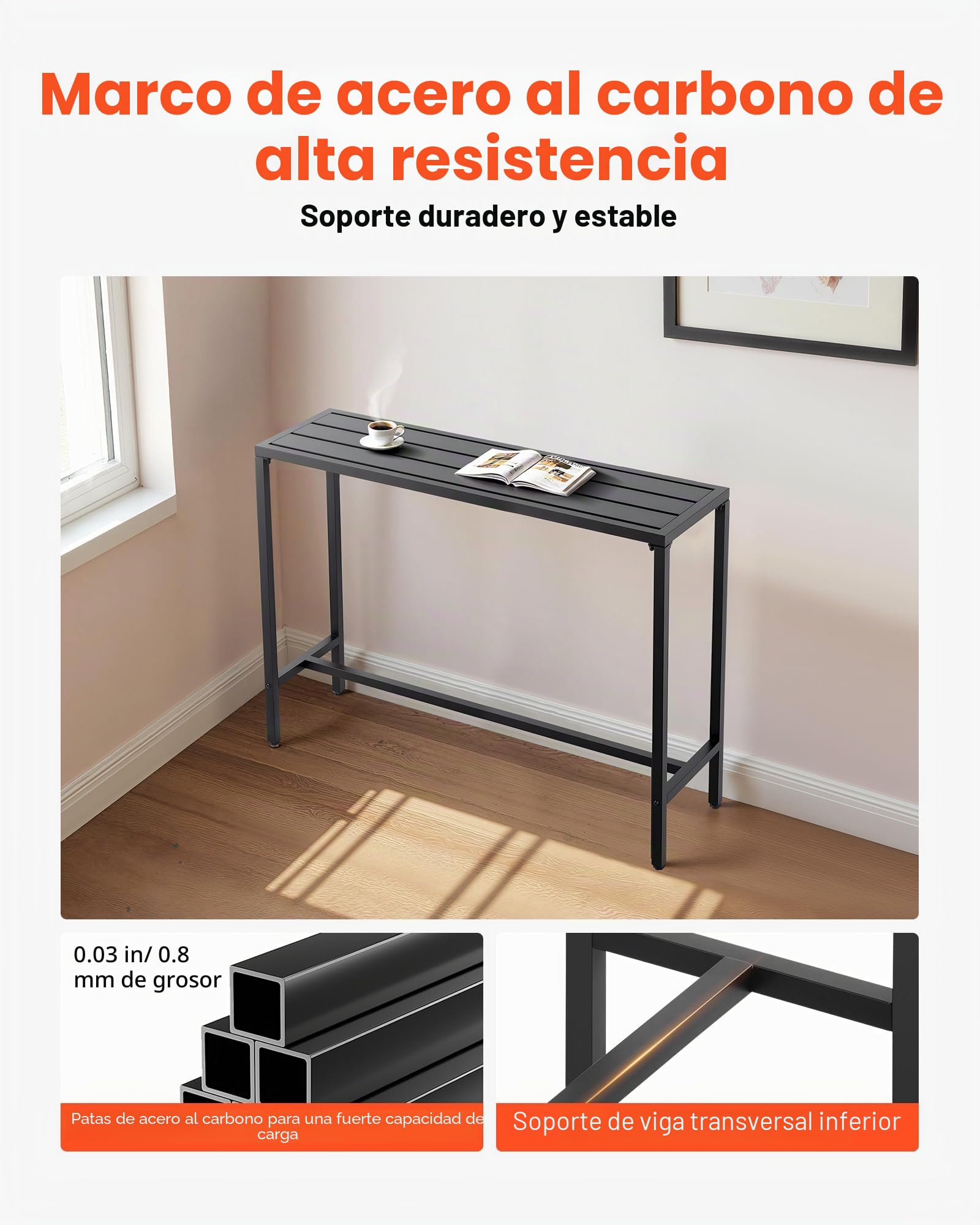 VEVOR Mesa Alta de Bar de Exterior, 1200 x 375 x 980 mm, Mesa de Comedor Rectangular con Tablero Impermeable y Estructura de Metal Resistente, Mueble de Jardín para Patio, Terraza, Piscina, Negro