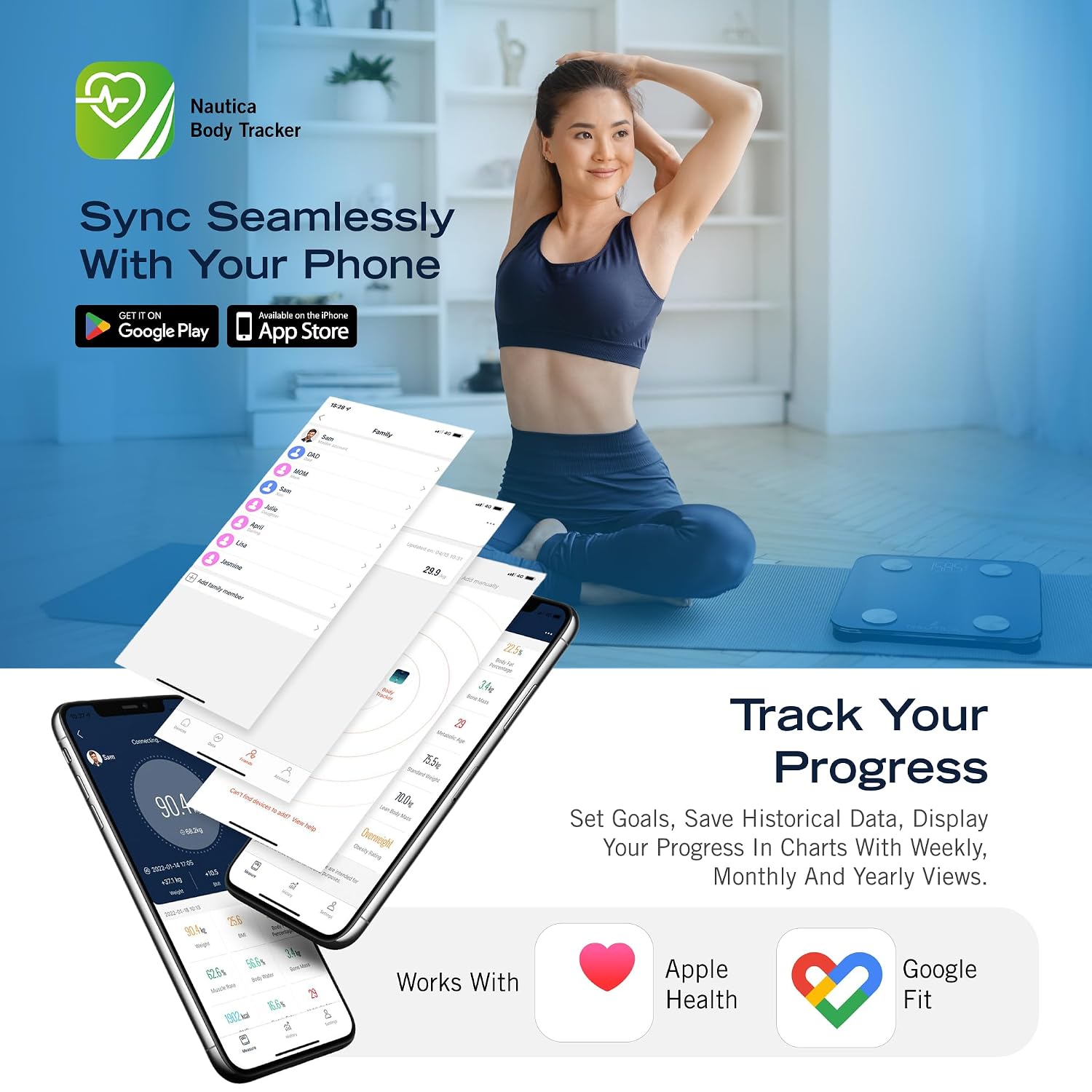 Nautica Body Tracker Digital Bathroom Scale, Bluetooth-Enabled Smart Scale with BMI, Body Fat, Muscle Mass Tracking & More, Syncs with Smartphone App for Body Composition Tracking, 396 Lbs.