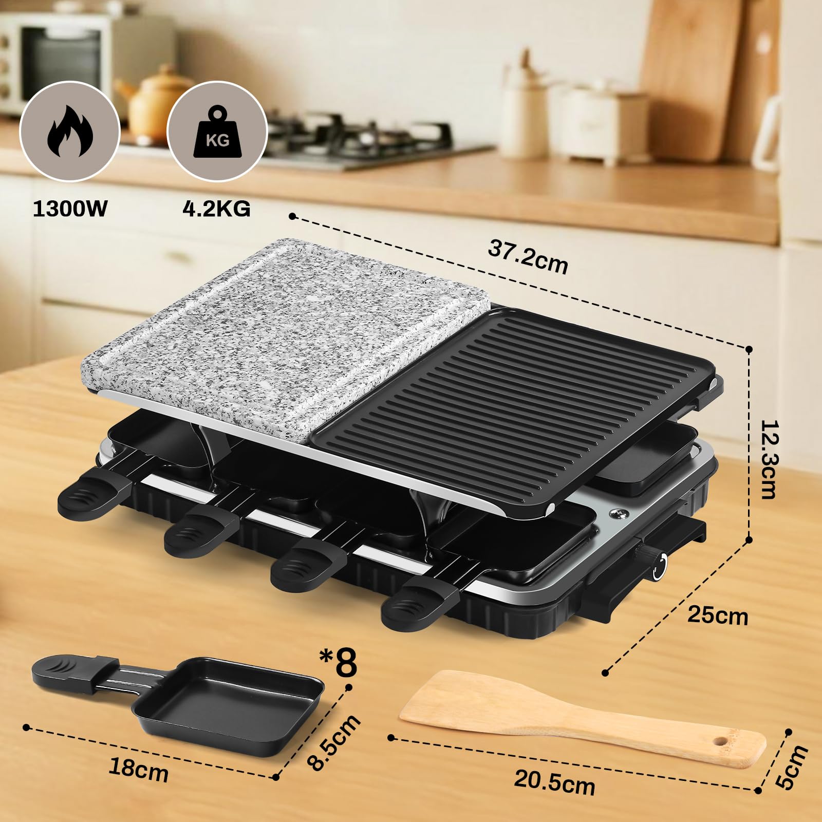HengBO Raclette 8 Personas - Raclette Grill Electrico con Piedra para Asar Carne, Plancha Antiadherente Reversible y 8 Sartenes, Parrilla Electrica Barbacoa Sin Humo para 6 8 10 Personas, 1300 W