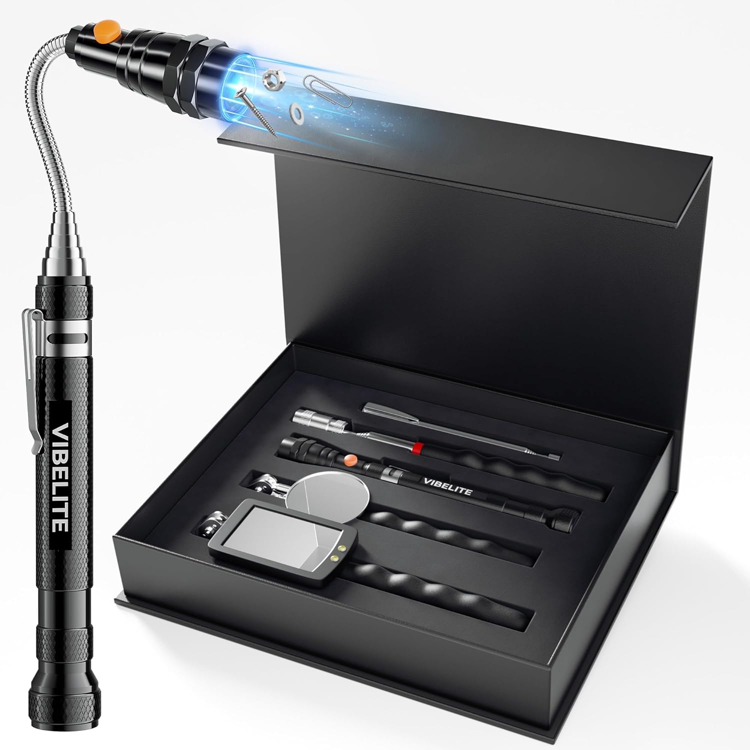 5Pcs Telescoping Magnetic Pick Up Tool Set, Gifts for Men, Dad, Women, Birthday Gifts Box with 1lb &15lb Pick-up Rod, 360° Square & Circle Swivel Adjustable Inspection Mirror and LED Flashlight