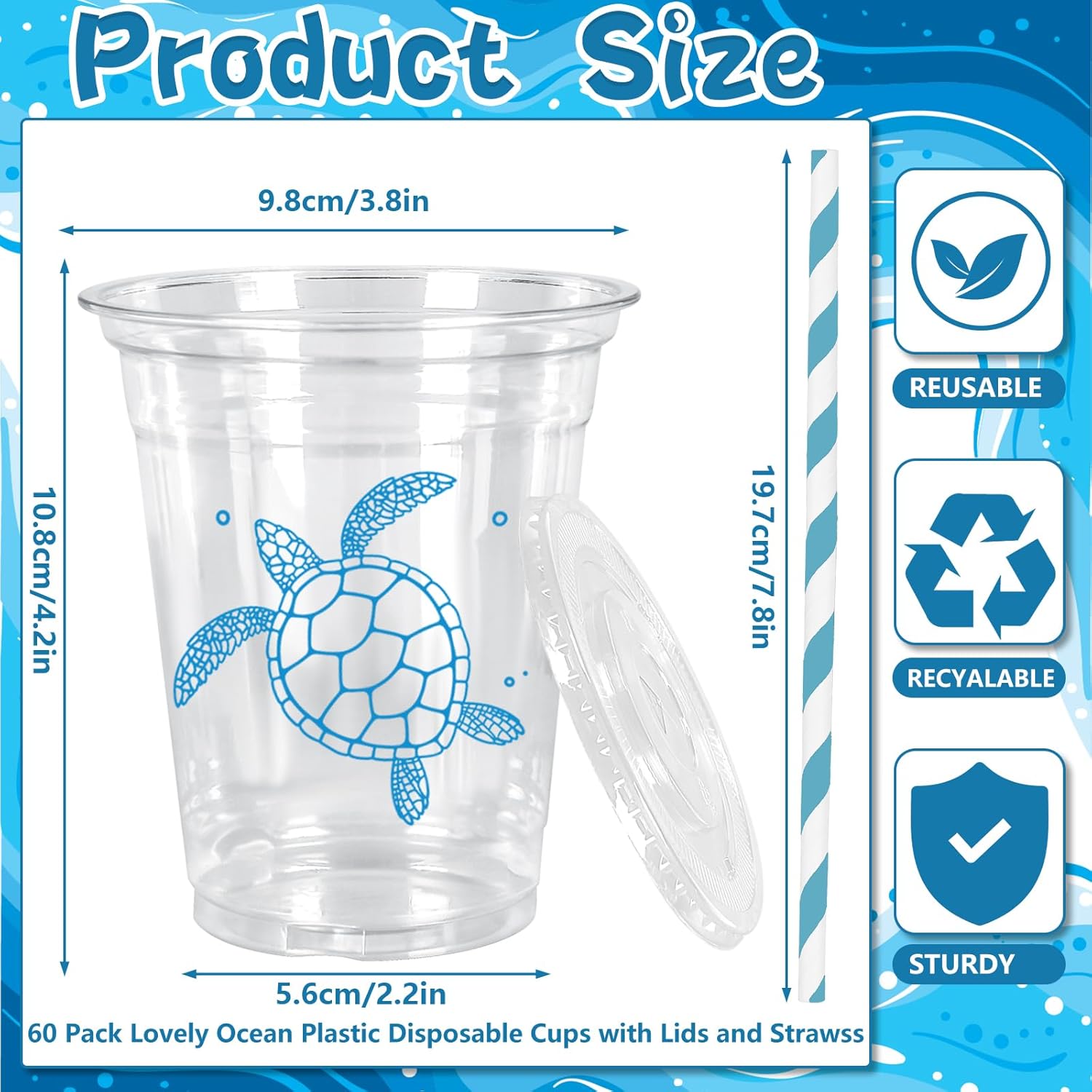 60Pcs 12Oz Ocean Animal Plastic Cups with Lids & Straws Under The Sea Disposable Clear Drinking Cups for Summer Birthday Baby Shower Party Supplies - Image 2