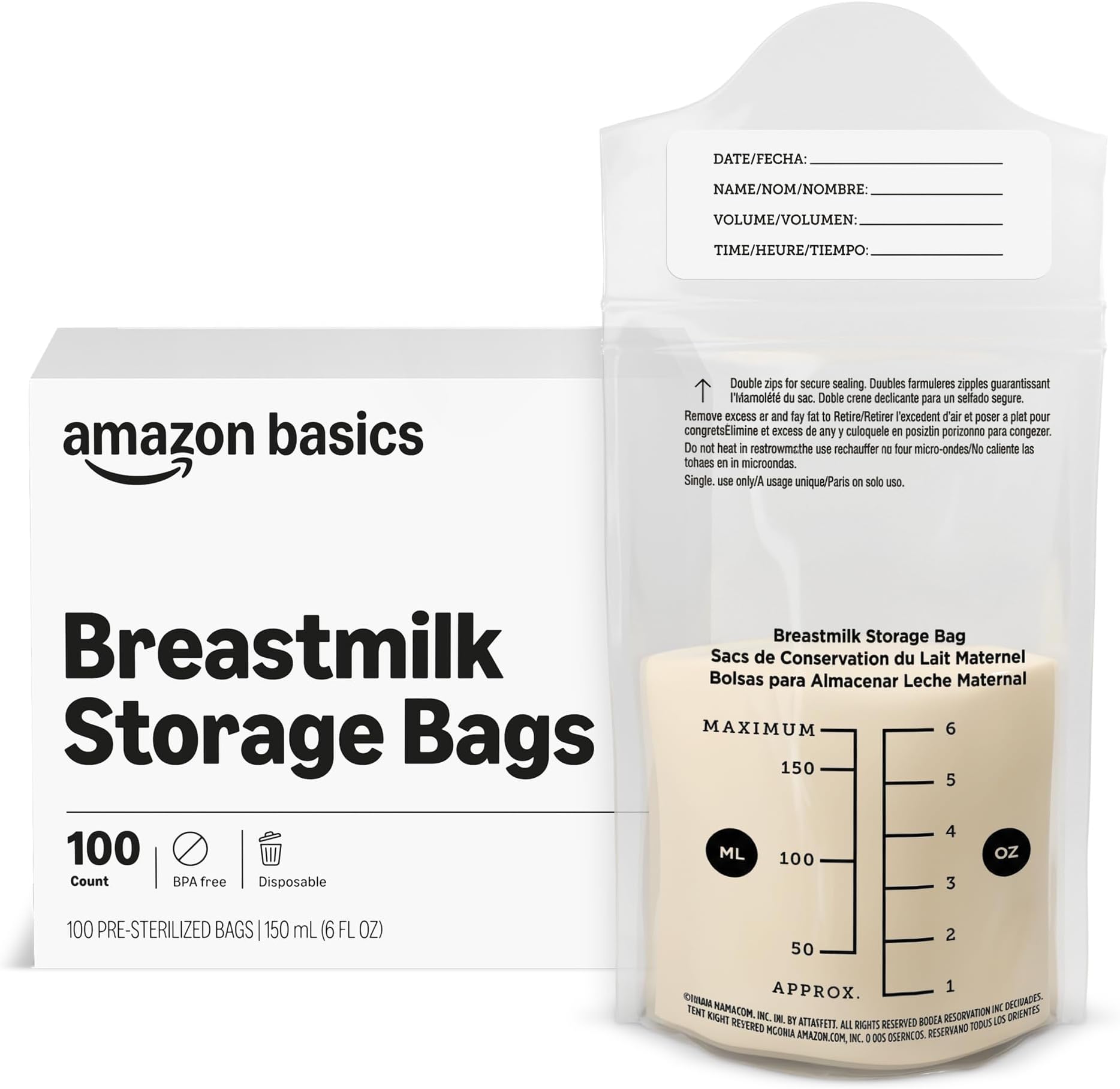Amazon Basics Breastmilk Storage Bags, Pre-Sterilized, BPA Free, Double Zips, for Refrigeration and Freezer Storage, 100 Count, 6 fl oz (Previously Mama Bear)