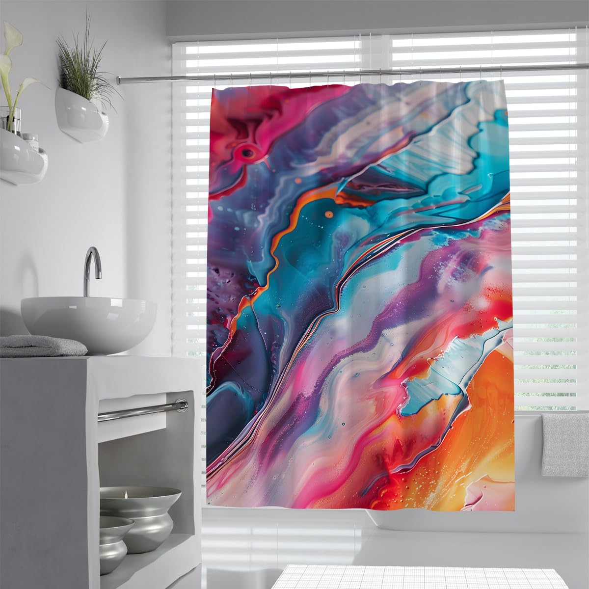 UIRINGART Shower Curtain W150xL200cm Water Repellent Mould Resistant Abstract Colourful Marble Swirl Pink Turquoise Teal Purple Yellow Vivid Ink Dye Wave Pattern Polyester Fabric Apartment with Hooks