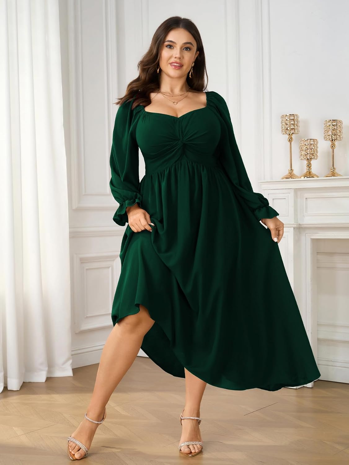 SCOMCHIC Women's Plus Size Wedding Guest Cocktail Dresses Fall Sweetheart Neckline Long Sleeve A Line Formal Maxi Dress - Image 5