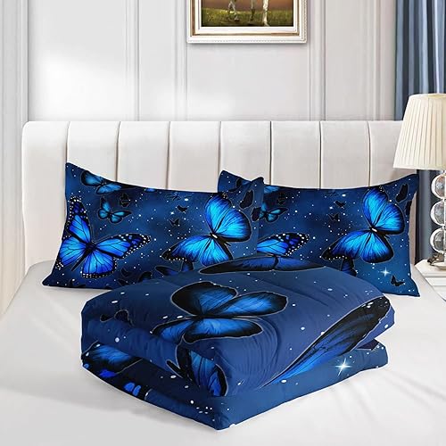 Miniatura 4 de Datura Home Juego de edredón de mariposa azul para niñas y mujeres, juego de ropa de cama con estampado de mariposas azules brillantes en el cielo