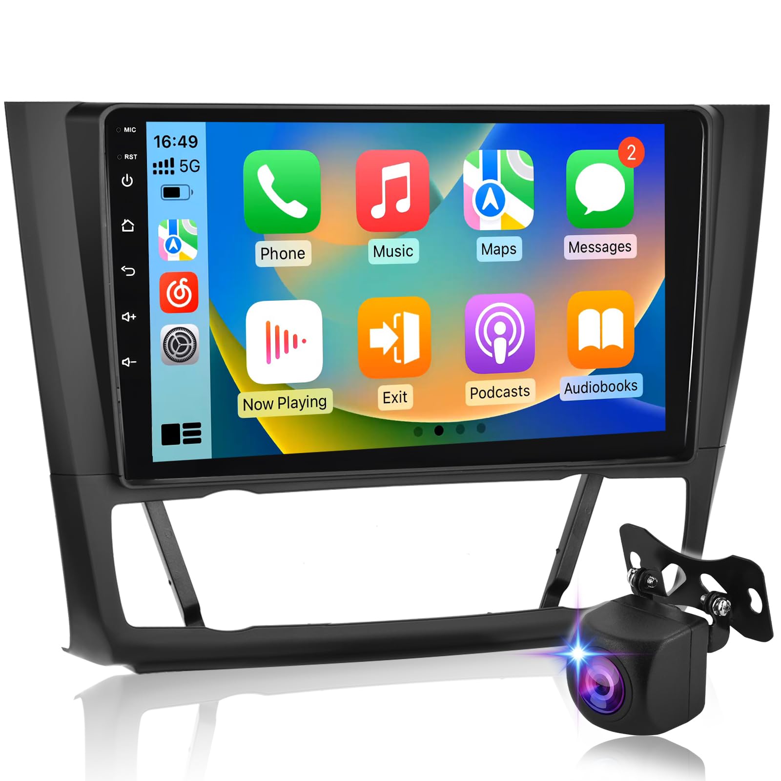 Autoradio Android per BMW Serie 1 E81 E82 E87 E88 2004-2012, Stereo touchscreen 9 pollici 2,5D con CarPlay e Android Auto wireless, Navigazione GPS, WiFi, DSP 32 bande + Telecamera posteriore AHD