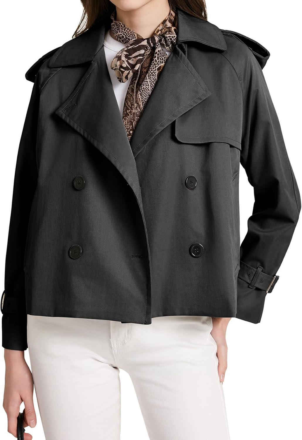 PEHMEA Women's Fall Cropped Trench Coat Double Breasted Casual Trendy Work Office Travel Short Jackets Outerwear with Pocket