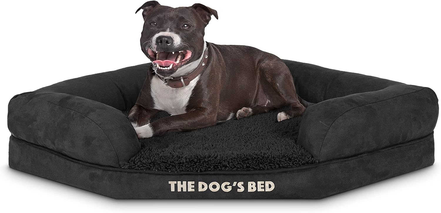 review The Dog’s Bed Orthopedic Memory Foam Waterproof Corner Dog Bed, Medium, Black Plush, Eases Arthritis & Hip Dysplasia Pain, Therapeutic & Supportive, Washable Plush Fabric Cover