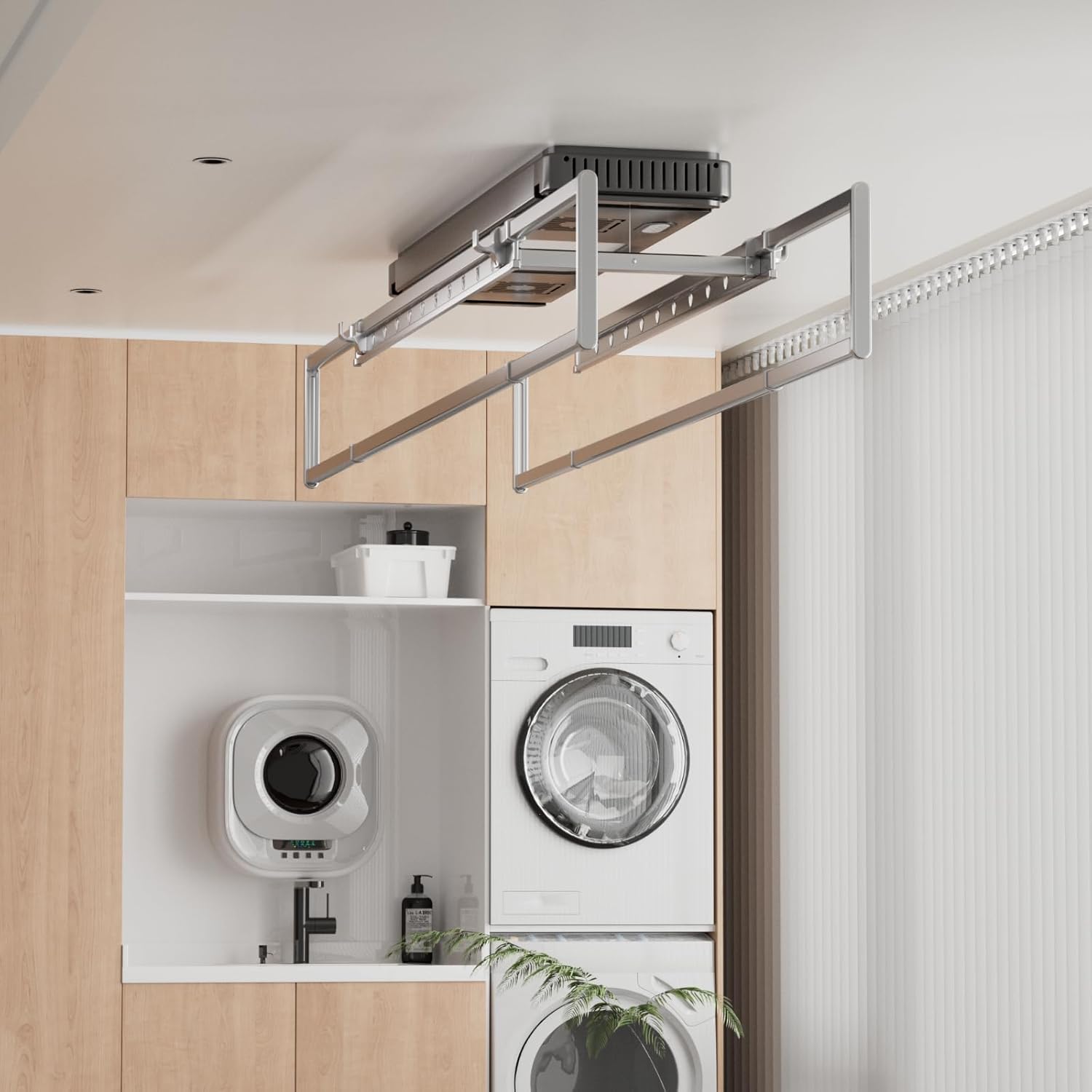 Ceiling Mounted Clothes Electric Ceiling Drying Rack 110V-120V, Ceiling Clothesline with Built-in Timer Heater,withDrying/Remote and Light 24W for Laundry/Indoors/Garage