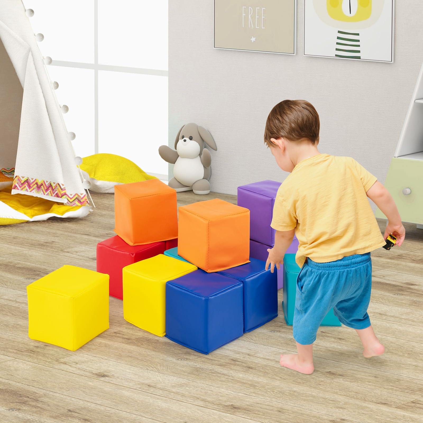 COSTWAY 12 Piezas Bloques de Construcción de Espuma, Cubos Suaves de Escalada de 14 x 14 cm en Colores para Niños, Bloques Psicomotricidad de Apilamiento y Lanzamiento (Arcoiris)