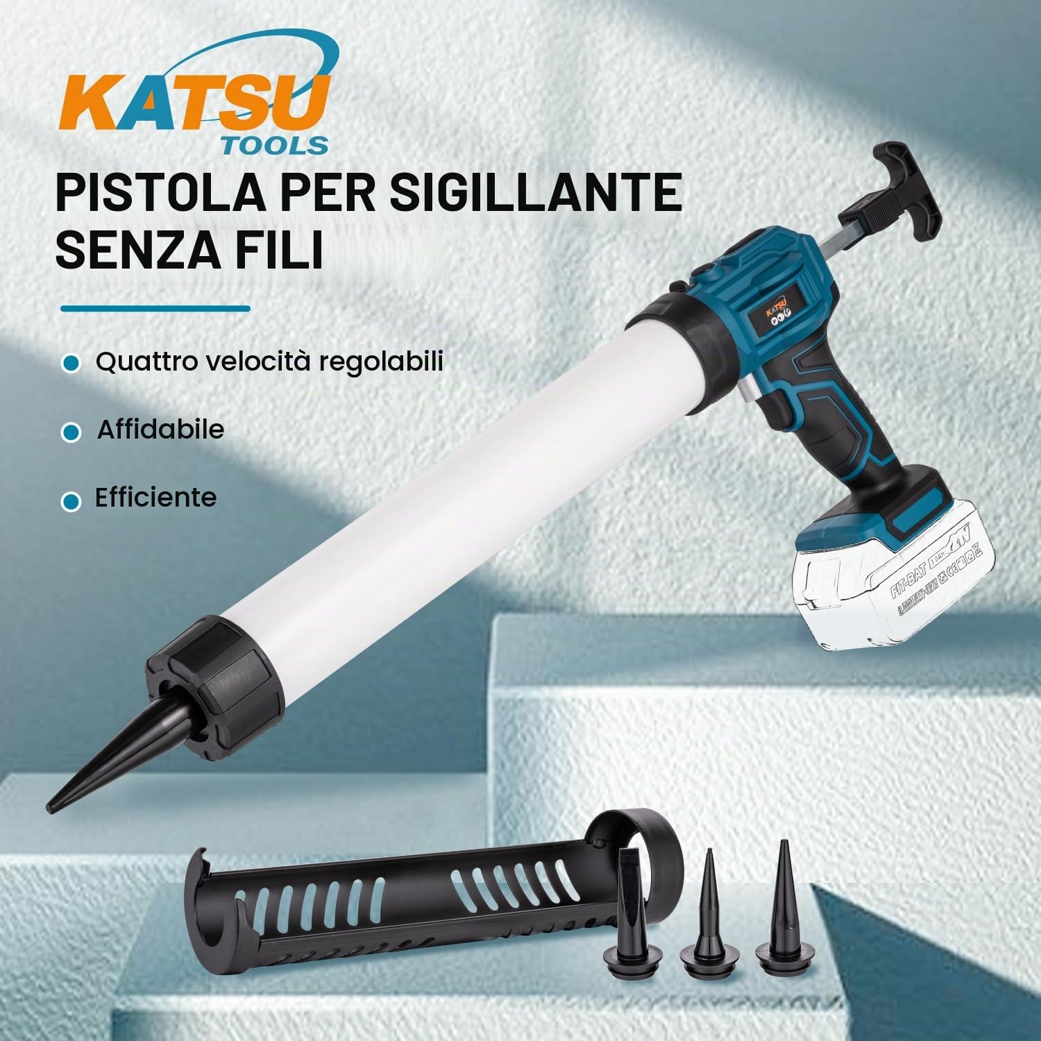 KATSU FIT-BAT Pistola per Silicone Senza Fili 18V/21V, Senza Gocce, 4 Velocità Regolabili, Pistola per Sigillante Adesivo per Applicazione Automatica Liscia, Senza Batteria Inclusa