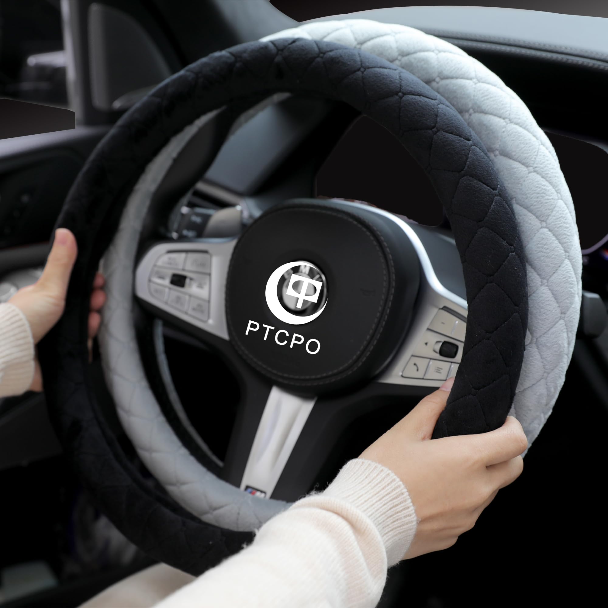 PTCPO - Funda suave para volante de coche, para sedán, SUV, cálida, de terciopelo, de lujo, sin olor, universal, antideslizante, para verano e invierno, color negro, tamaño estándar: 14, 1, 2, 15, 37 y 38 cm.