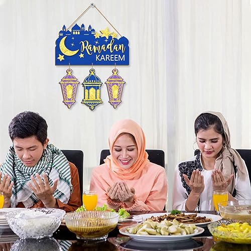 Miniatura 5 de Ramadan Kareem - Letrero para puerta, decoración de Ramadán Mubarak para decoración del hogar, adornos colgantes de madera, placa de madera con luna