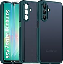 Matte Cover for Samsung Galaxy A26 5G and Camera Protection with 2 Pieces Tempered Glass, [Shockproof Military Grade] Frosted Translucent Anti-Fingerprint Back Case, Green