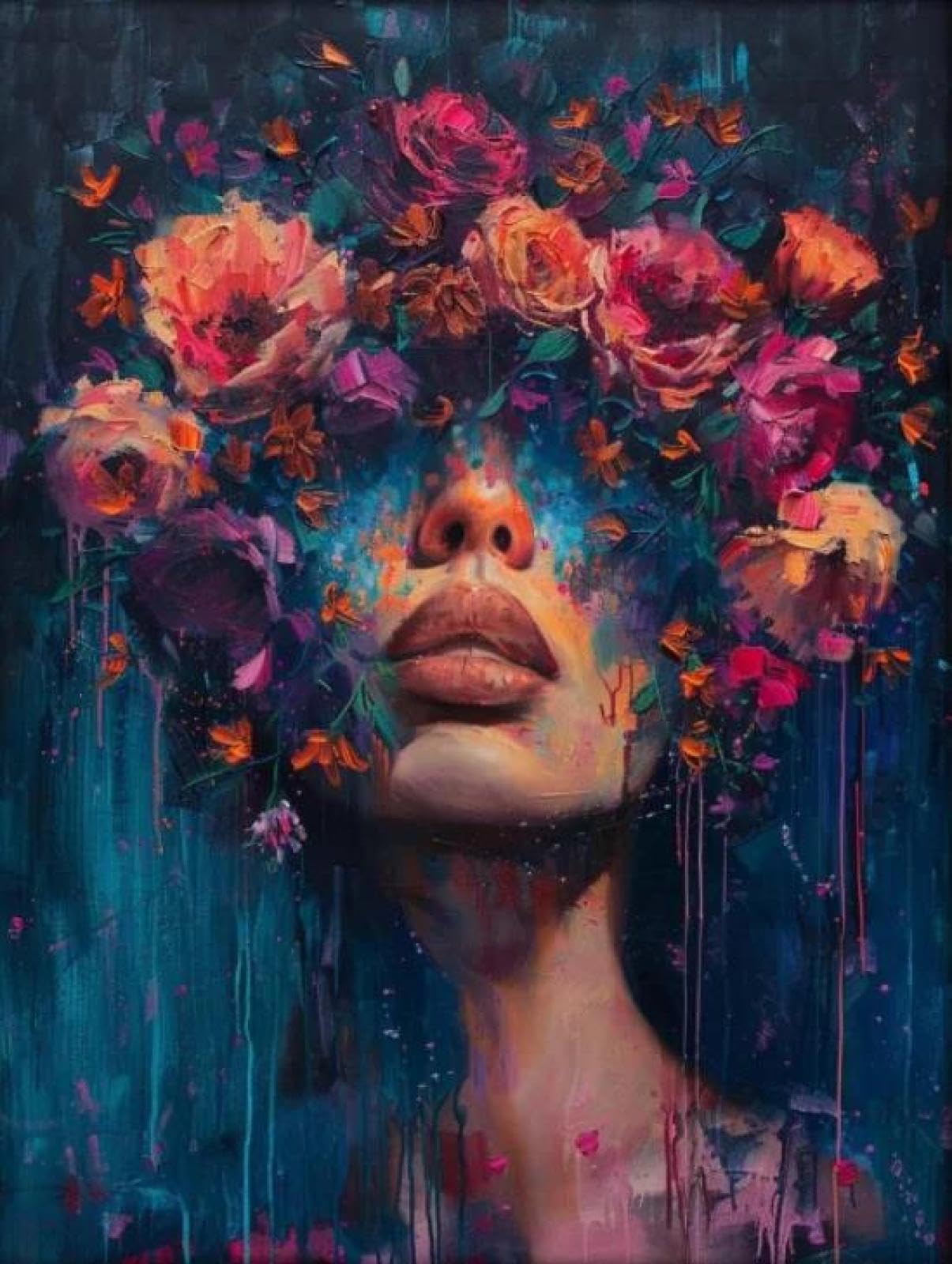 Yocheng Floral Portrait Female Poster Print Abstract Luxury Floral Face Art Canvas Painting Living Room Home Decor 21x30cm No Frame