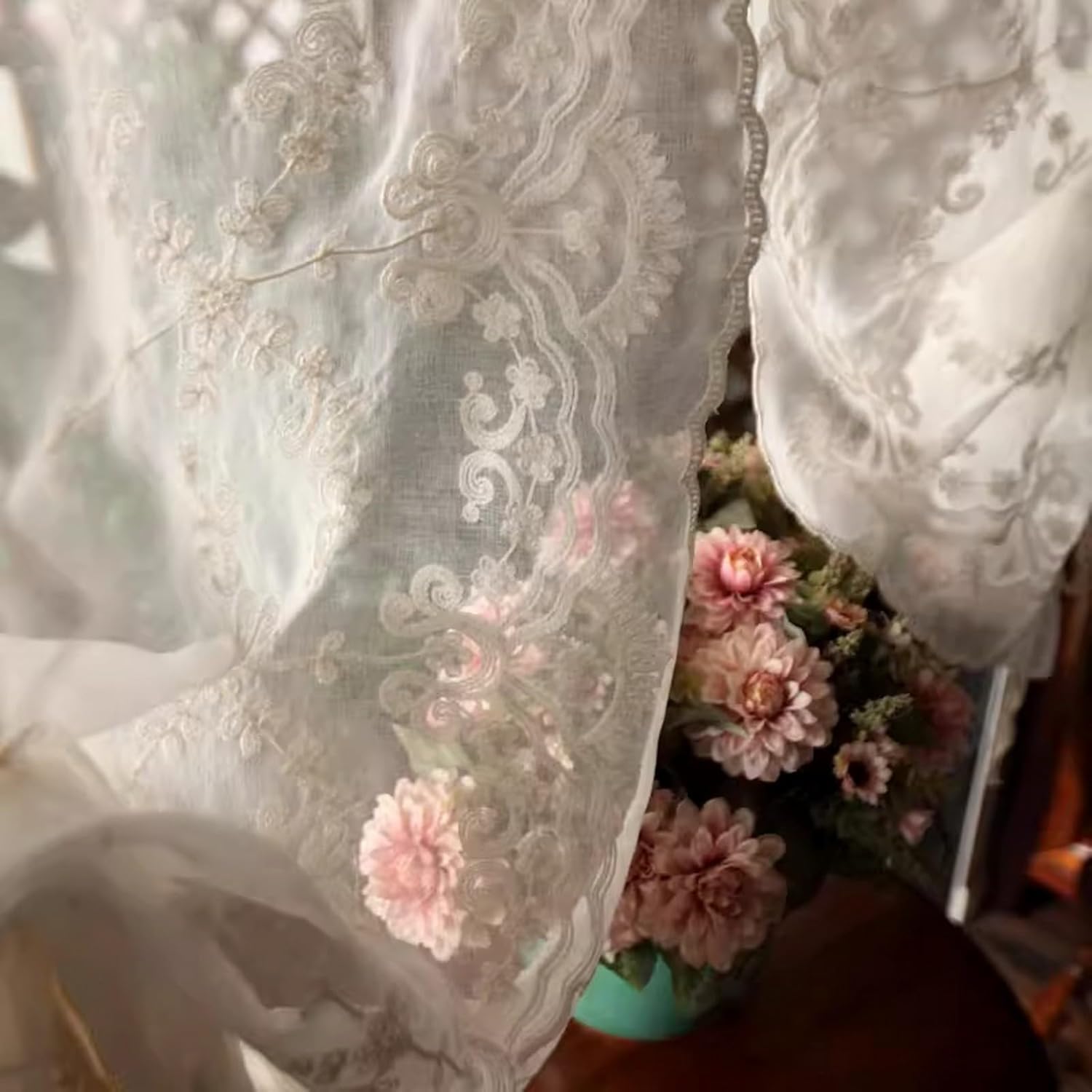 White Sheer Transparent Embroidered Voile Lace Balloon Curtain Window Roman Shades Window Treatment Tie Up Curtain Cottage Flowers Adjustable Tie Tieup, Rod Pocket/Pinch Pleat, 2 Pieces