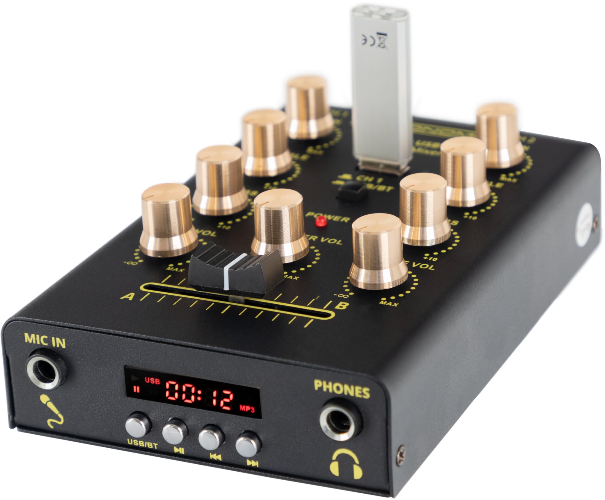 Pronomic DX-10 USB MKII DJ Mixer - mixeur DJ compact 2 canaux - deux entrées ligne - égaliseur 2 bandes - Bluetooth et USB - entrée micro - sortie casque - noir