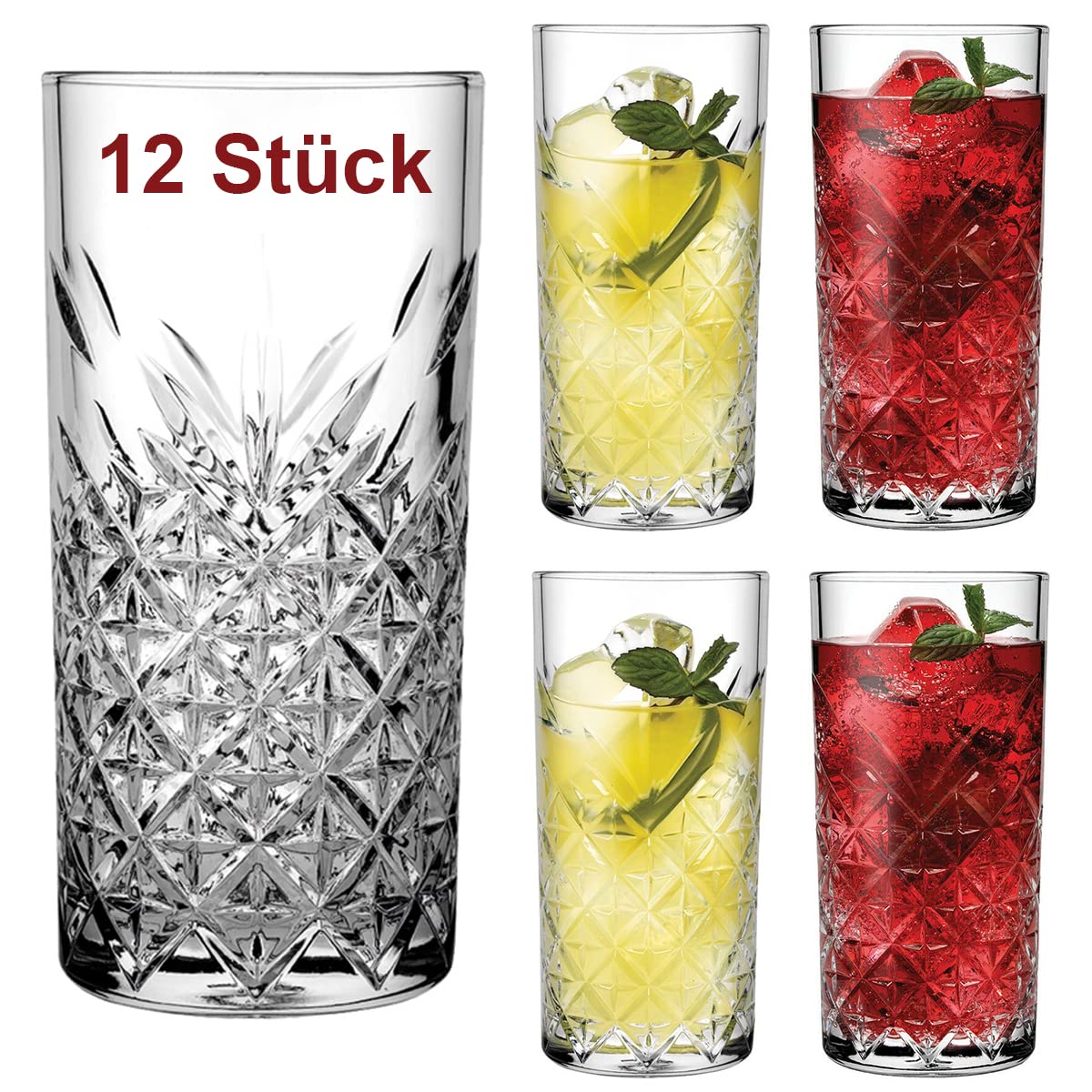 Pasabahce Timeless 300 ml Long Drink Glasses, Set of 12, Transparent Glass, Recyclable, Dishwasher Safe, Reusable