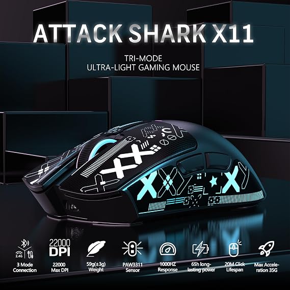 MAGIC-REFINER Attack Shark X11 59g Superlight Wireless Gaming Mouse with Grip Tape, RGB Charging Dock,BT/2.4G Wireless/Wired Pc Mouse, 22000 DPI,5 Programmable Buttons for Pc/Mac(Black)