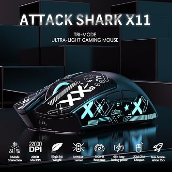 MAGIC-REFINER Attack Shark X11 59g Superlight Wireless Gaming Mouse with Grip Tape, RGB Charging Dock,BT/2.4G Wireless/Wired Pc Mouse, 22000 DPI,5 Programmable Buttons for Pc/Mac(Black)