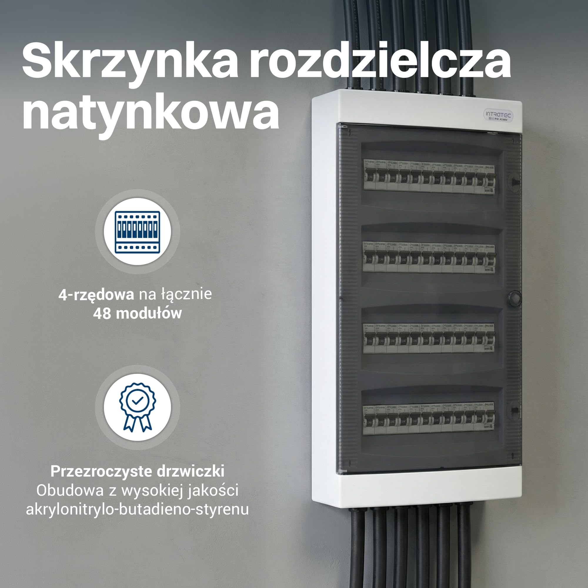Intratec Rozdzielnica Natynkowa 4-rzędowa – IP40 Obudowa na 48 Modułów z Przezroczstymi Drzwiami do Łatwego Montażu w Domu i Obiektach Użytkowych – 652 x 287 x 112 mm