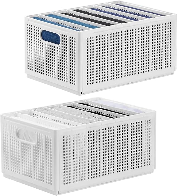 VITVITI Plastic Stackable Wardrobe Closet Boxes Storage Baskets, Collapsible Clothes Organiser for Folded Clothes, Toy, Underwear, Scarves, Leggings(2 Packs White)