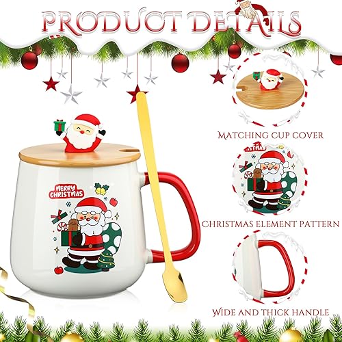 Miniatura 11 de Yaomiao 4 tazas de Navidad con tapa y cuchara de sombrero de Papá Noel, taza de café de cerámica de 16 onzas, bonita taza de café de Navidad