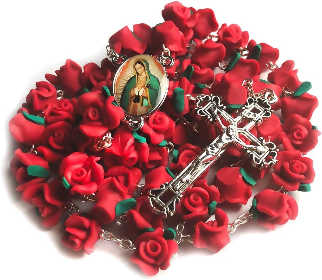 Christian Catholic Red Rose Garden Rosary Beads for Women or Men with Our Lady of Guadalupe Centerpiece and Antique Silver Crucifix