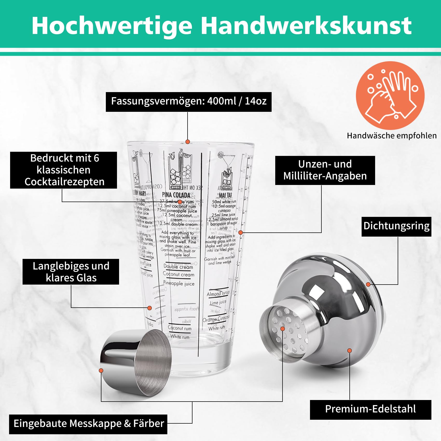 14oz Cocktail-Shaker-Set aus Glas, 4-teiliges Barkeeper-Set, Martini-Mixer-Shaker mit integriertem Sieb, Rührlöffel, Messbecher und Stößel, Bar-Werkzeugset für Anfänger (Silber)