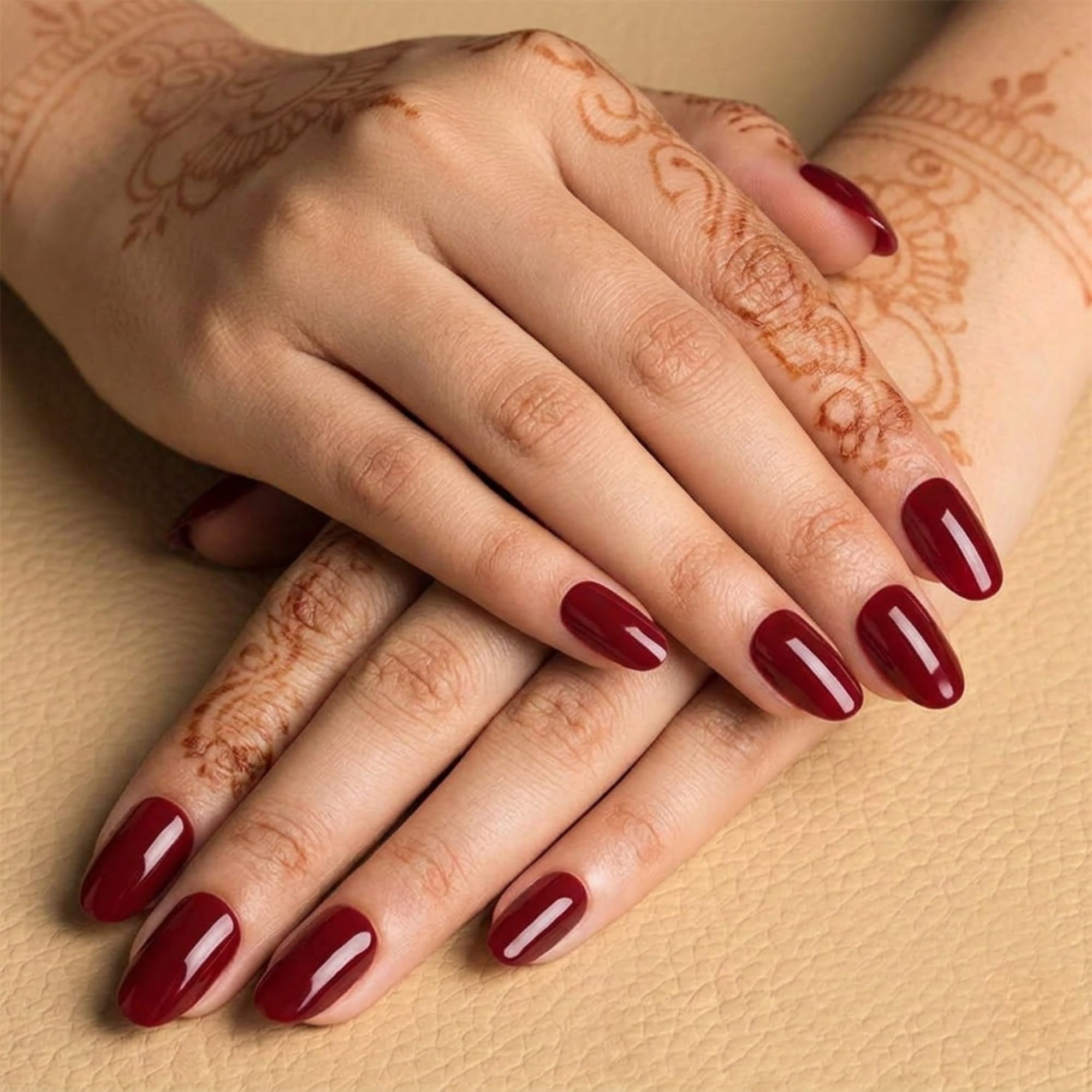 Royal Wine Red Press on Nails for Women, 24Pcs Glossy Maroon Artificial Nails Set for Girls, Medium Oval False Nails Set with Glue Stickers, Perfect for Bridal, Wedding, Diwali-image-20