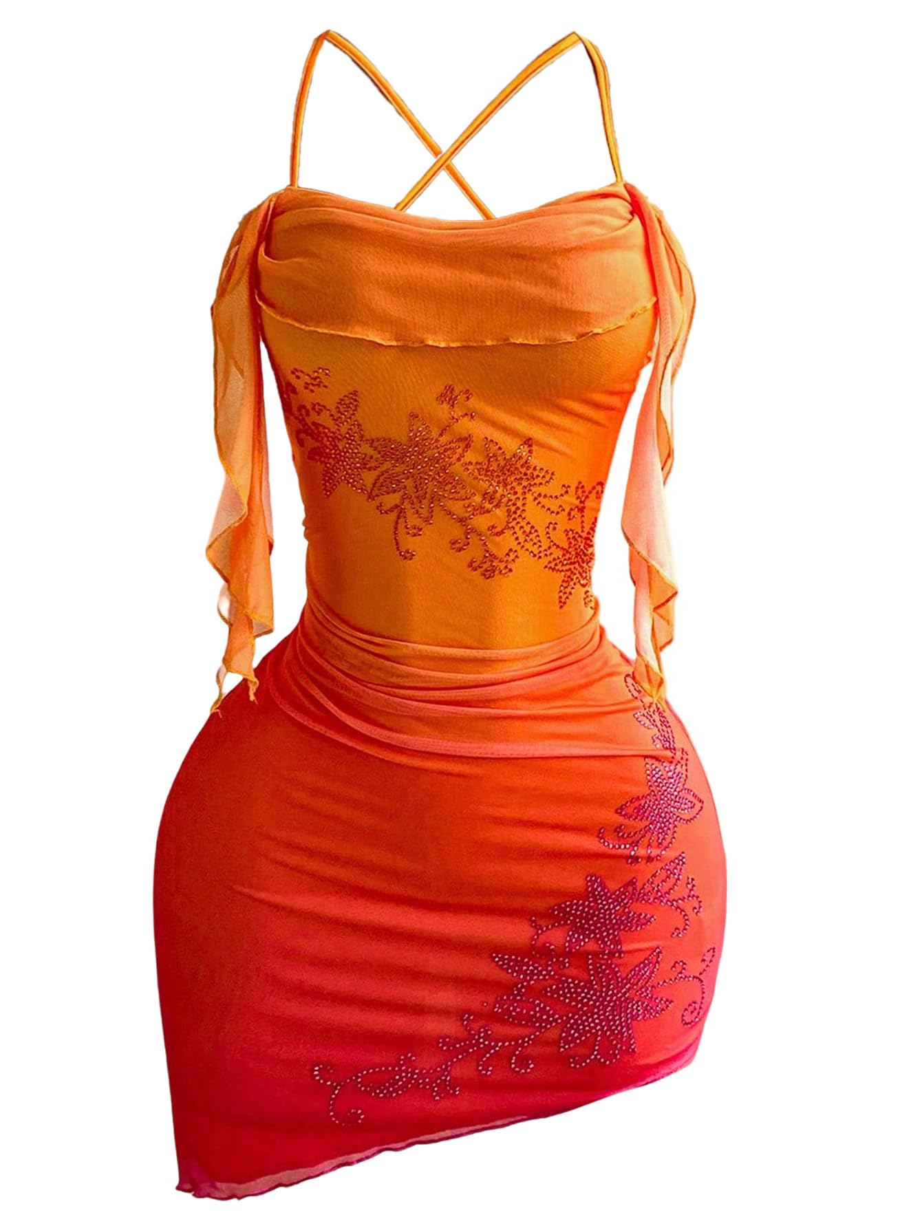 Women's Boho Bodycon Halter Dress Mesh Ruched Sunset Mini Dress