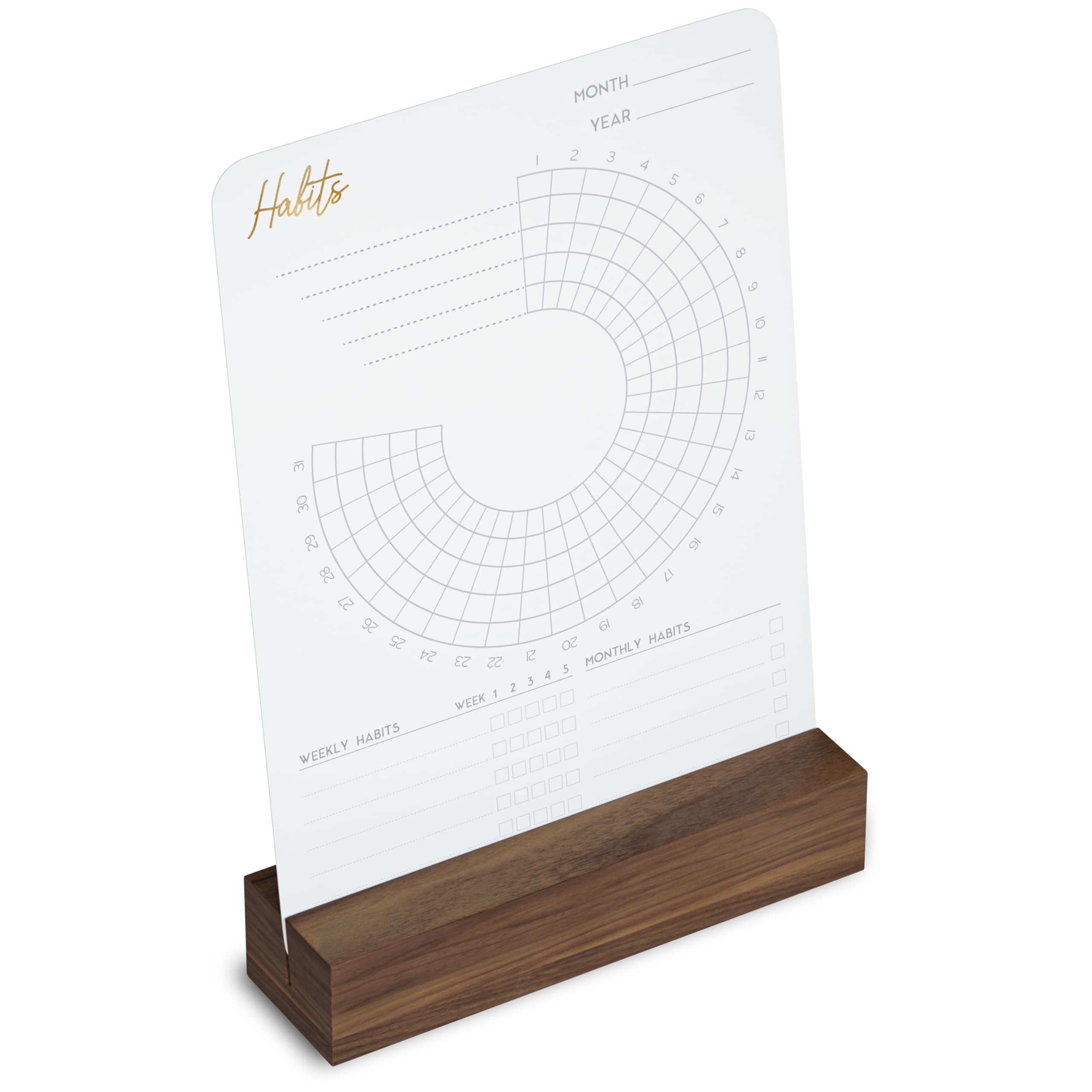 Habit Tracker with Walnut Wood Stand - 36 Months of Habit Tracking, Elegant Habit Calendar Desk for Goal Tracking