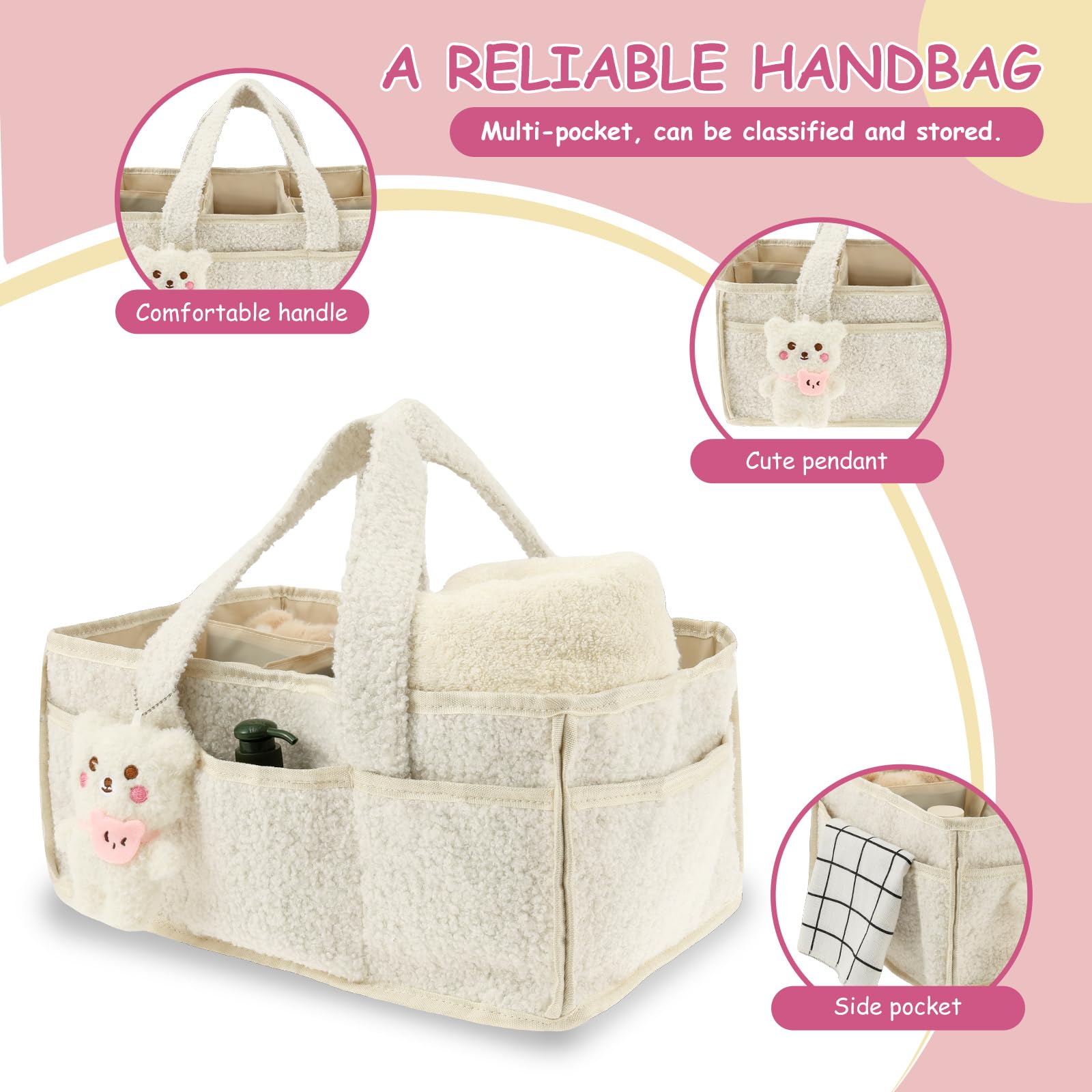 Organisateur de couches pour bébé, portable, avec poignée et pendentif, 38 x 27 x 18,5 cm, panier de rangement élégant pour nouveau-né, grand sac de porte-bébé, blanc