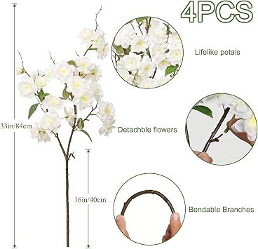 4PCS Artificial Cherry Blossom Branches 84cm, Fake Flowers Tree