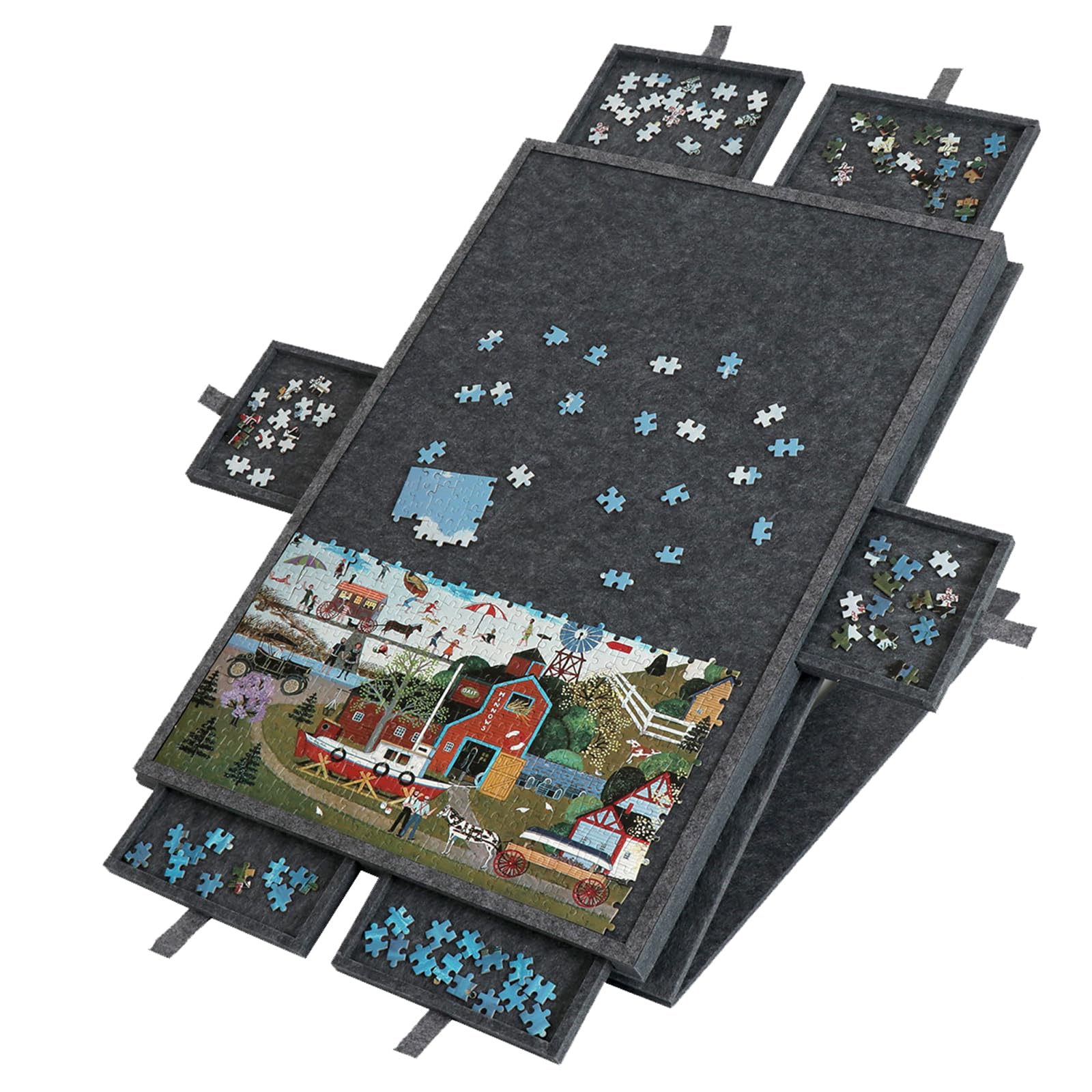 Puzzlebrett,Tragbarer Puzzletisch,Neigbare Puzzle-Platte aus Filz,Leichter Filz-Puzzle-Aufbewahrungstisch,mit 6 Schubladen und Abdeckplatte,für Ordnen und Aufbewahren von Puzzleteilen