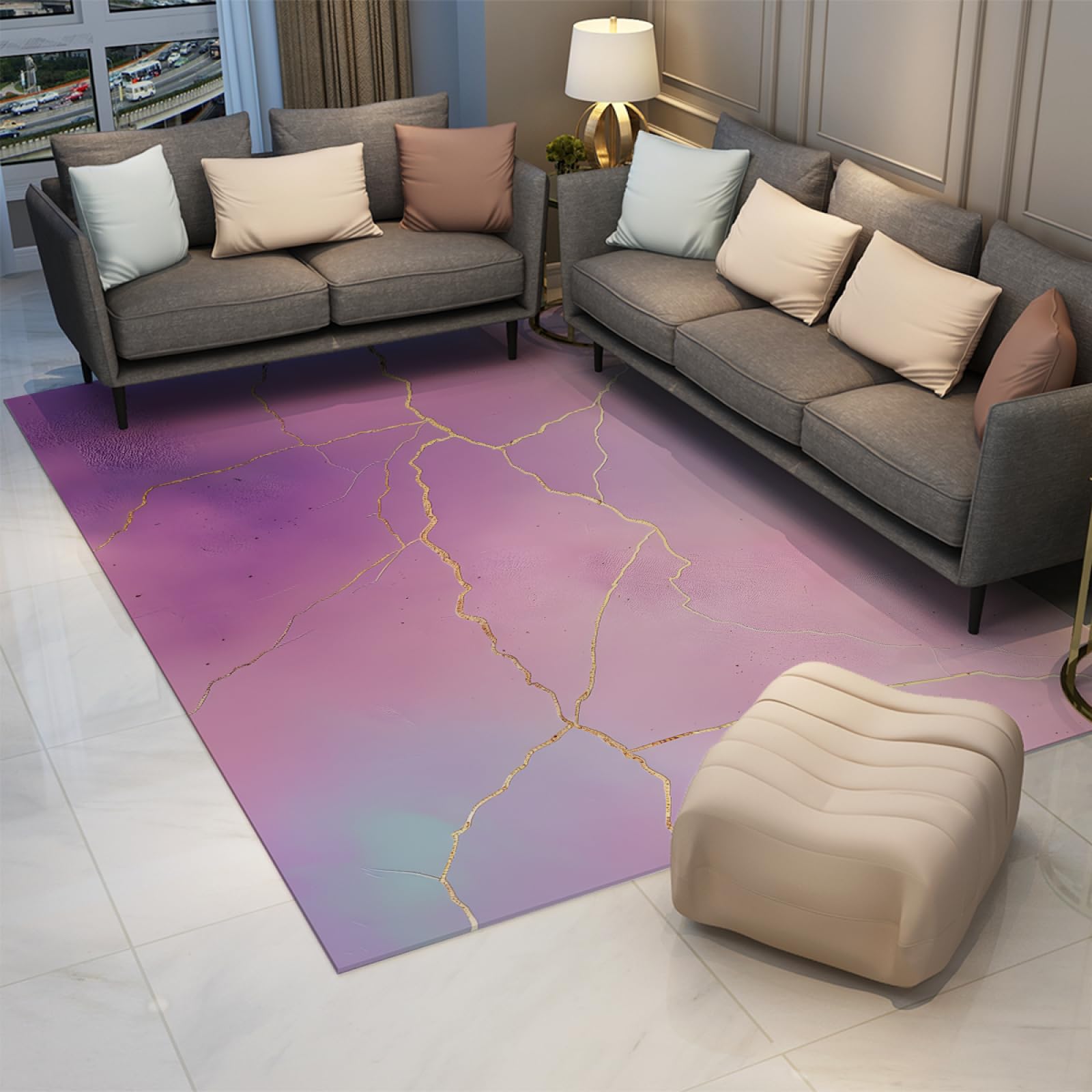 Tappeti viola per soggiorno Tappeto lavabile con struttura dorata astratta Tappetino da cucina antiscivolo Tappetino da comodino per camera da letto per ragazze 90x150cm